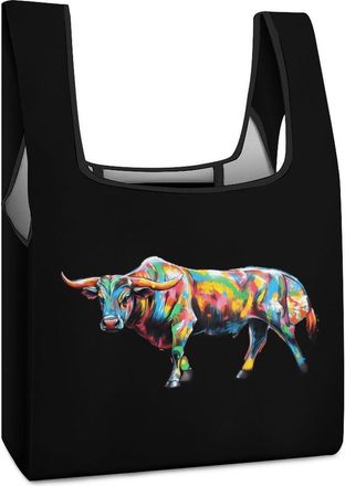 Generic Colorful Graffiti Art Bull Reusable Shopping Bags Lightweight Foldable Grocery Bag Polyester Washable Tote Bag
