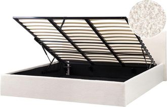 Beliani Cama Tapizada De Boucl&eacute; 180 X 200 Cm Con Almacenaje Cabecero Elevable Blanco Crema Orbey