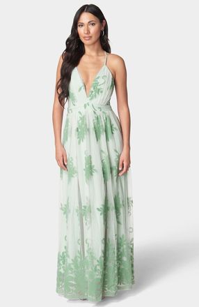 Bebe Womens Plunge Neck Embroidered Maxi Dress