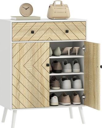 HOMCOM zapatero de 2 puertas en espiga, estantes ajustables, cajón, para 12 pares de zapatos, 75x35x97 cm, blanco y natural