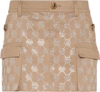 Philipp Plein Cargo Mini Rok Strass Monogram - Dames - Korte rokken - Beige - L - Katoen - Rokken