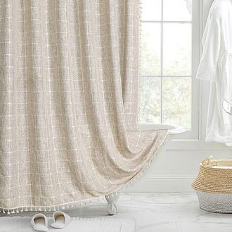 OEM Cortina De Ducha Estilo Bohemio Con Detalle De Borlas, Resistente, De Tela R&uacute;stica A Rayas (beige) 180x180cm