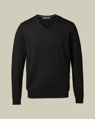 CHARLES TYRWHITT Merino V-Neck Jumper - Black Size XXXL by Charles Tyrwhitt
