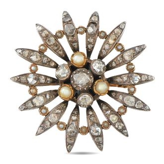 Luxury Bazaar Antique 14K Yellow Gold and Silver Diamond and Pearl Brooch MF28-080326