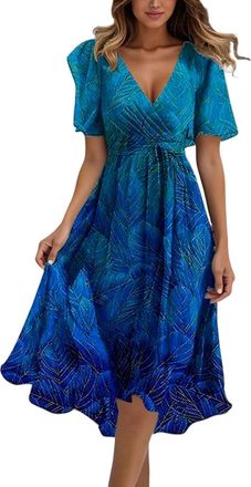 Generic Womens Floral Print A-Line Midi Dress Summer Short Sleeve Resort Wear Tie Waist V-Neck Elegant Cocktail Dresses