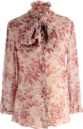 Gucci Floral Print Sheer Pussybow Silk Blouse Size XXS