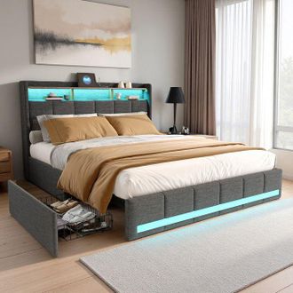OEM Cama 140x190 Cm - Escandinava Lino Gris - Led Rgb Integrada - Puertos Usb/tipo-c - 4 Cajones