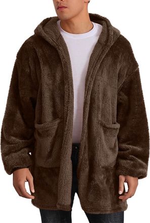 Generic Teddy Bear Coat Men Winter Sherpa Fleece Jacket Hooded Fluffy Coat Mens Outdoor Casual Warm Jackets Furry Overcoats Solid Color Long Sleeve Open Front