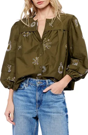 Ciebon Lilane 3/4 Bubble Sleeve Buttondown Embroidered Top In Olive