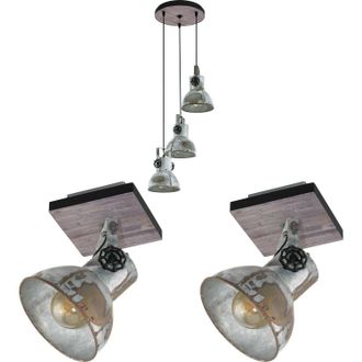 Loops Ceiling Pendant & 2x Matching Wall Lights Industrial Raw Steel Multi Lamp Set in Metallics
