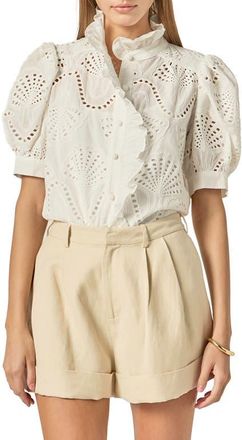 English Factory Embroidered Ruffle Short Sleeve Eyelet Shirt in White at Nordstrom, Size 2X