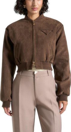 Mani&egrave;re De Voir Monique Suede Wide Shoulder Bomber Jacket in Brown at Nordstrom, Size 4