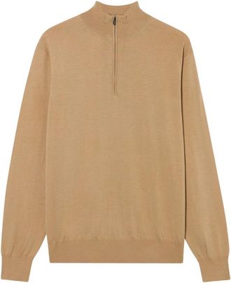 Brooks Brothers Merino Wol Trui met Halve Rits - Heren - Coltruien - Bruin - XL - Wol - Truien & Vesten