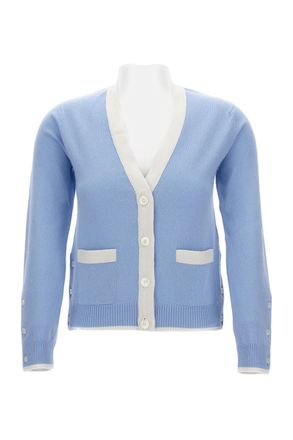 Thom Browne V-Neck Knitted Cardigan With Patch Pockets And Contrast Trim