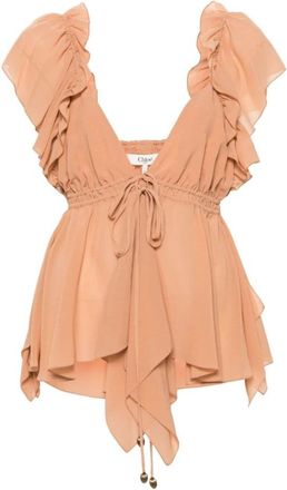 Chlo&eacute; Zijden Top met Ruches V-Hals Blush - Dames - Tops zonder mouwen - Roze - S - Leer - Tops