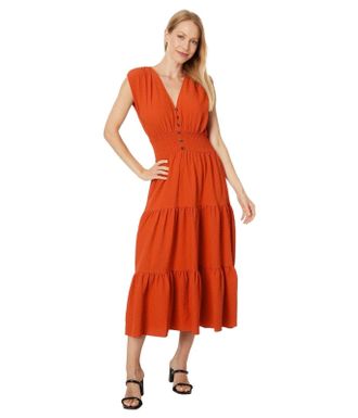 Calvin Klein Gauze Midi Dress Women Clay Stretch Tiered V-Neck A-Line FROG614