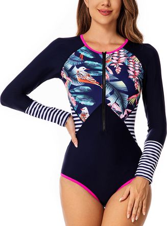 Feoya Womens Long Sleeve 1 One Piece Swimsuit Triangle Zip Front Swimsuit Rash Guard Floral Diving Swimming Costume Printed Bathing Surfing Suit Shorty UV S