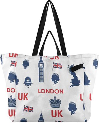 Generic Uk Flag White print Reusable Canvas Tote Bag, Heavy Duty Grocery Shopping Bag with Double Handles Large Capacity Hard Bottom Work Groceries Travel
