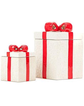 10 Strawberry Street Set Of 2 Gift Box Cookie Jars With Red Ribbon