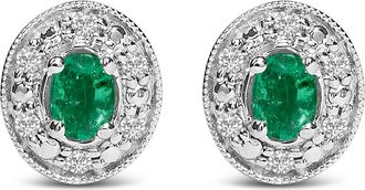 House of Brilliance 14K White Gold Oval Green Emerald and 1/10 Ct Diamond Halo Stud Earrings at Nordstrom