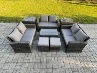 Fimous 8pc Rattan Sofa Garden Furniture Outdoor Patio Set with 2 Side Tables 2 Small Footstools Love Seat Sofa Dark Grey