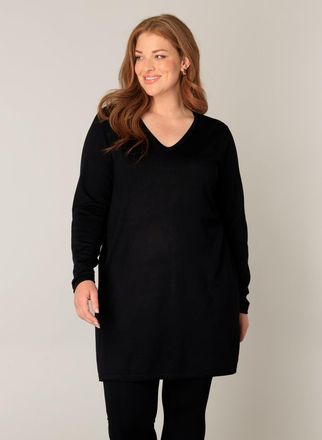 Base Level Curvy V-Ausschnitt-Pullover BASE LEVEL CURVY BAS-ANINE-LONG, Damen, Gr. 44, schwarz, Feinstrick, Obermaterial: 80% Viskose, 20% Polyamid, leicht gl&auml;nzend, n