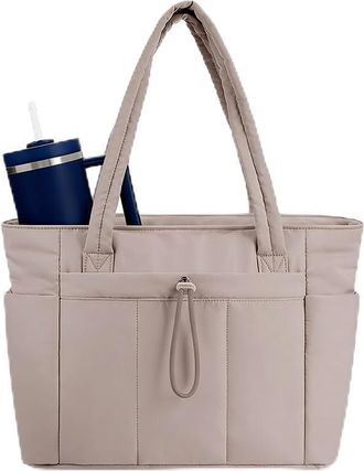 Generic Quilted Tote Bag with Cup Holder & Laptop Compartment, Large Capacity Cute Puffer Crossbody Travel Work Bags for Women (1, Khaki)