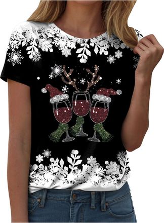 Generic Christmas Tops for Women UK Xmas Cute Tees Crewneck Plus Size Casual Dressy Blouses Casual Funny Jumpers Going Out Blouse Baggy Sweaters Oversized Top