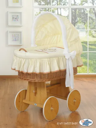 OEM Mois&eacute;s Con Capota - Oso Barnabas, Ropa De Cama Natural + Blanco Crema Con Bordado