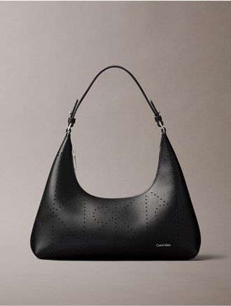 Calvin Klein Womens Perforated Emblem Logo Shoulder Bag - Black