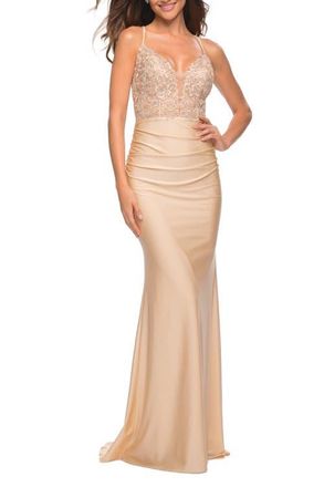 La Femme Prom Dress with Beautiful Lace Bodice and Jersey Skirt in Light Gold at Nordstrom, Size 10