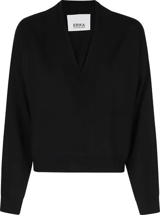 Erika Cavallini Semi Couture Cropped Black Cardigan with Deep V-Neck and Ribbed Trim