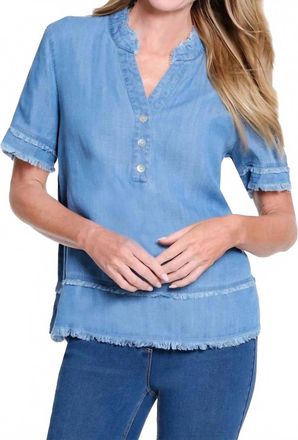 Multiples Fringe Hem Blouse In Light Indigo