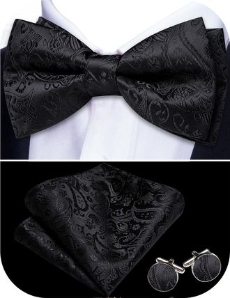 Barry.Wang Mens Black Bow Tie Paisley Silk Pre-Tied Bowtie Pocket Square Cufflinks Set Formal Wedding Prom Party Tuxedo