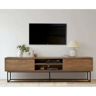 Dmora Dmora - Mueble De Televisi&oacute;n Selena, Aparador De Sal&oacute;n, Mueble Bajo Para Tv, Base De Pared Equipada, 180x40h50 Cm, Nogal Y Negro, Con Embalaje Reforza