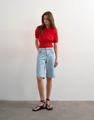 Topshop Pantaloncini in denim taglio lungo candeggiati-Bianco