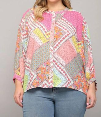 Fate Good Vibes Patchwork Print Curvy Top In Pink