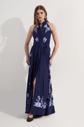 Karen Millen Womens Petite Rose Embroidered Cotton Voile Midi Halter Dress - Navy - Size 12 UK
