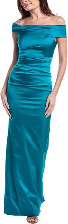 Teri Jon by Rickie Freeman Teri Jon By Rickie Freeman Satin Ruched Asymmetrical Off Shoulder Gown