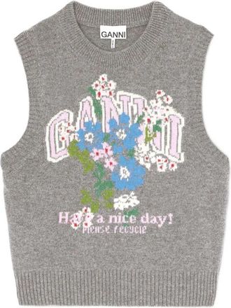 Ganni Truien - Dames - Ronde hals truien - Grijs - XS - Nylon - Truien & Vesten