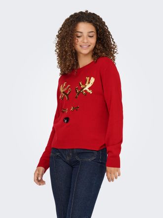 Only Weihnachtspullover ONLY ONLXMAS SHINE LS ONECK KNT, Damen, Gr. XS, salsa detail:sequins antler, Strick, Obermaterial: 100% Polyacryl, gemustert, regul