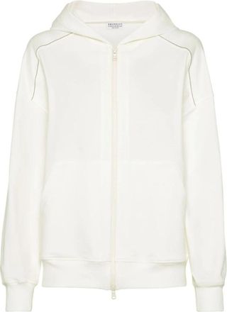 Brunello Cucinelli Witte Zip-through Sweatshirt - Dames - Vesten met rits - Wit - L - Katoen - Hoodies & sweatvesten