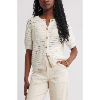 Treasure & Bond Open Stitch Short Sleeve Cotton Cardigan in Ivory Egret at Nordstrom Rack, Size Xx-Large