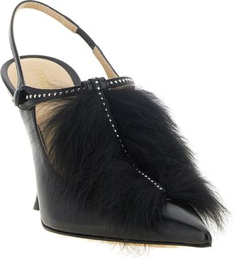 Fendi Fox Fur-Trimmed Calfskin Heels - Black