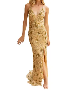 Primavera Beaded Full-Length Formal Gown In Light Gold