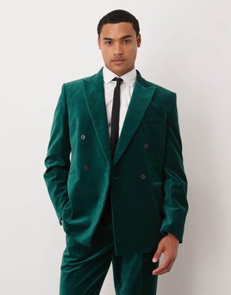 Asos Giacca da abito slim doppiopetto in velluto di cotone-Verde