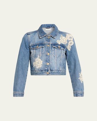 LoveShackFancy Amana Lace Appliqu&eacute; Denim Jacket