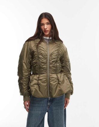 Monki Giacca bomber con dettagli arricciati kaki-Verde