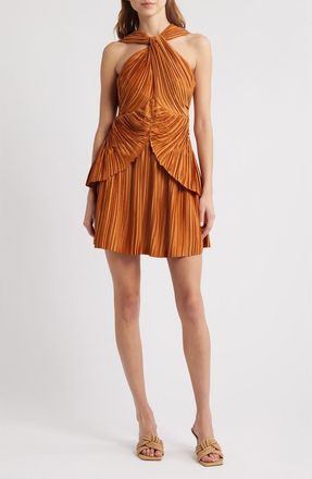 Cult Gaia Sofila Variegated Pleat Twist Neck Minidress in Bourbon at Nordstrom, Size 00