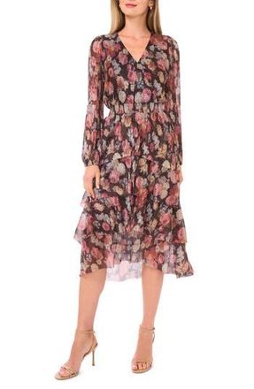 Vince Camuto Metallic Floral Long Sleeve Pliss&eacute; Midi Dress in Rich Black at Nordstrom Rack, Size Small